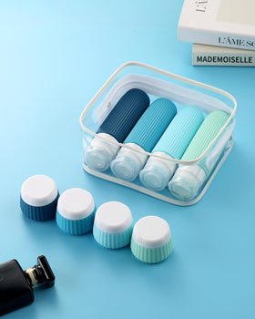 Travel bottles packed in a compact clear makeup bag