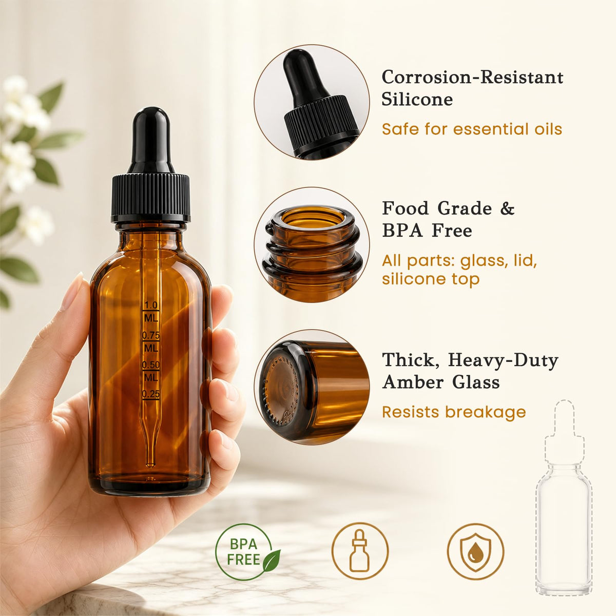 Travel-ready amber glass dropper bottle in gym bag