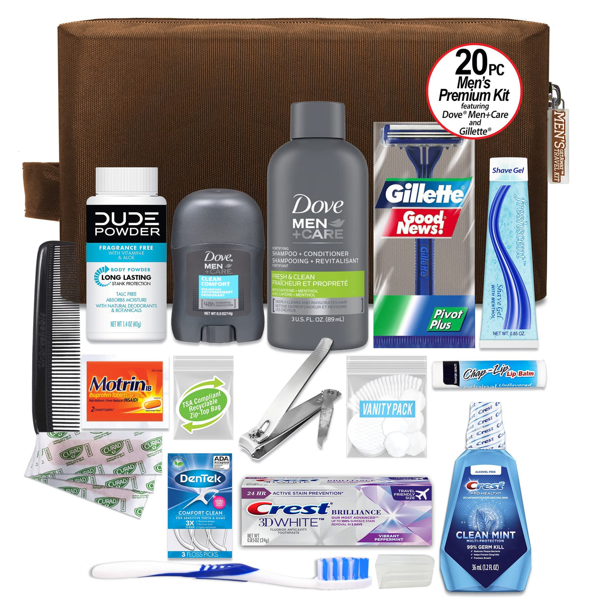 Travel size toiletries included in the Convenience Kits International set