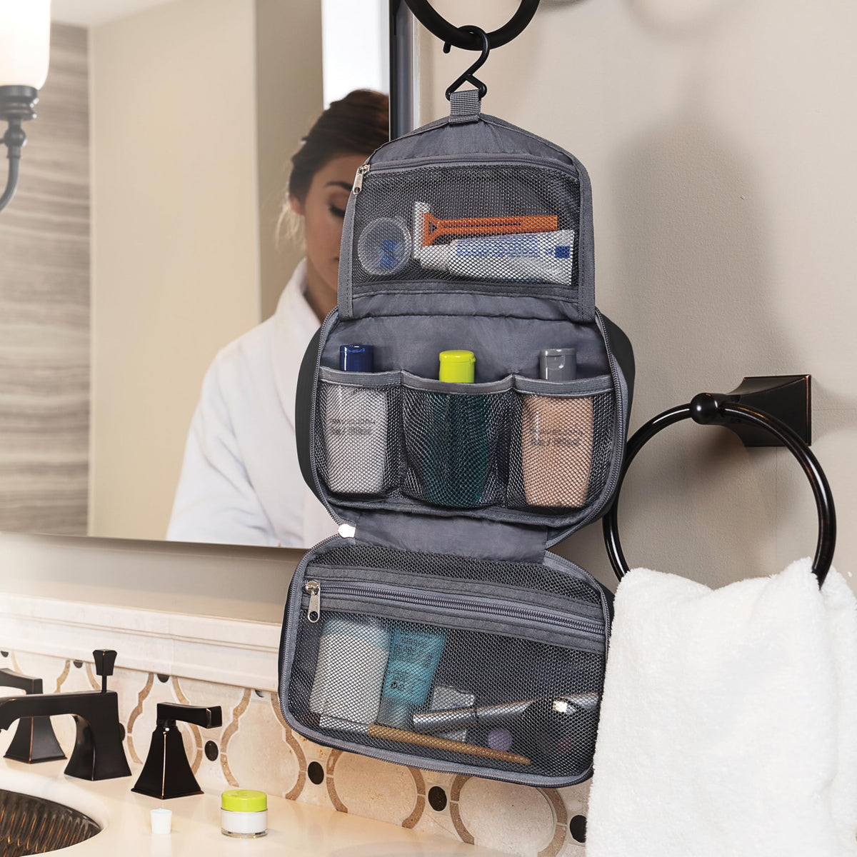 Travelon Compact Hanging Toiletry Kit top zip pocket with small items