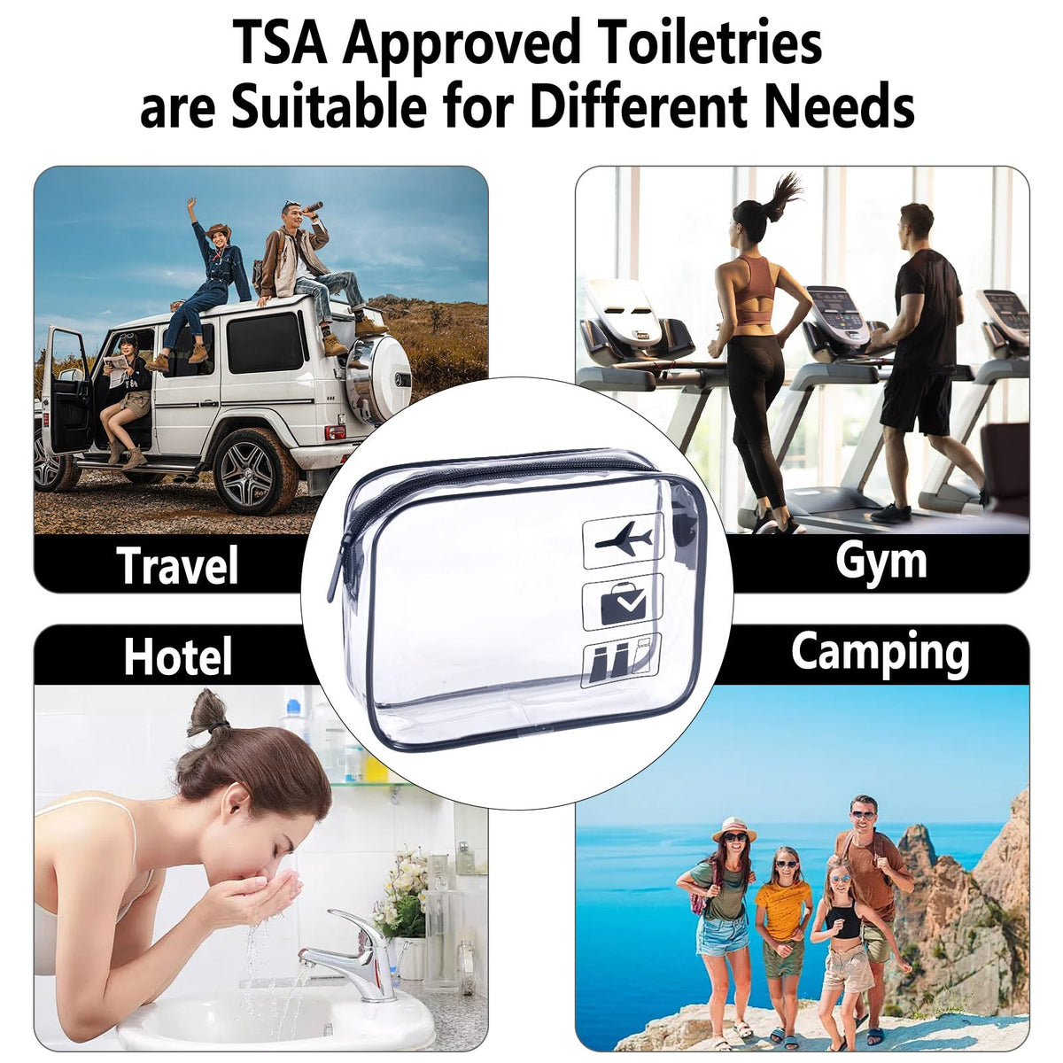 TREALDATE Clear Travel Bag with toiletries inside