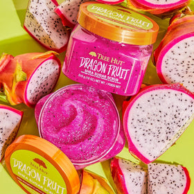 Tree Hut Body Scrub Dragon Fruit on a shower shelf