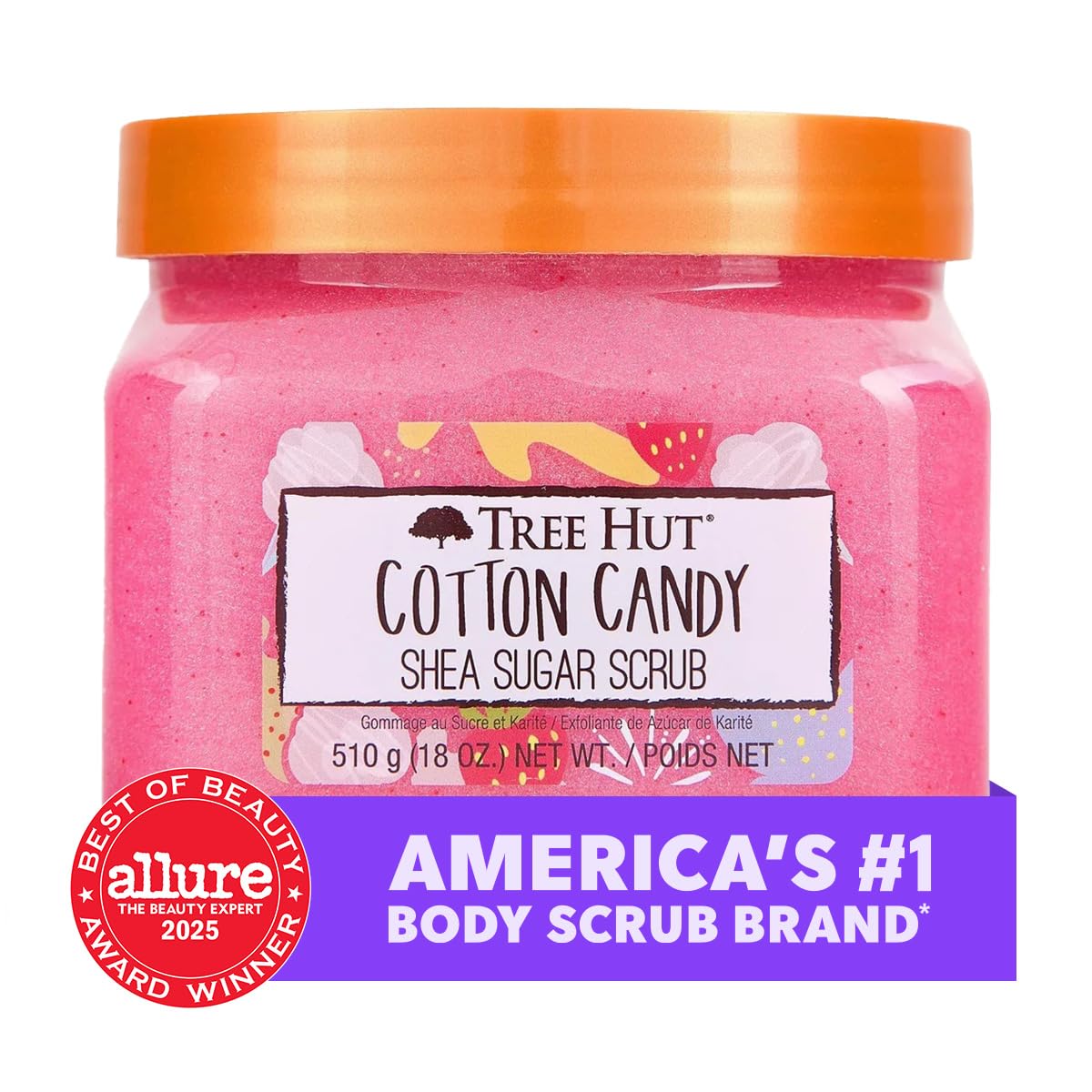 Tree Hut Cotton Candy Body Scrub 600g in a bathroom setting