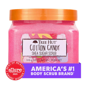 Tree Hut Cotton Candy Body Scrub 600g in a bathroom setting
