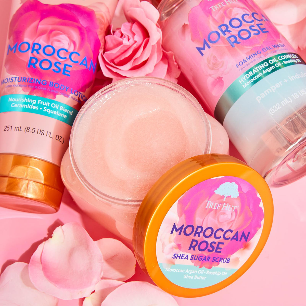 Tree Hut Moroccan Rose Body Scrub on a wooden surface