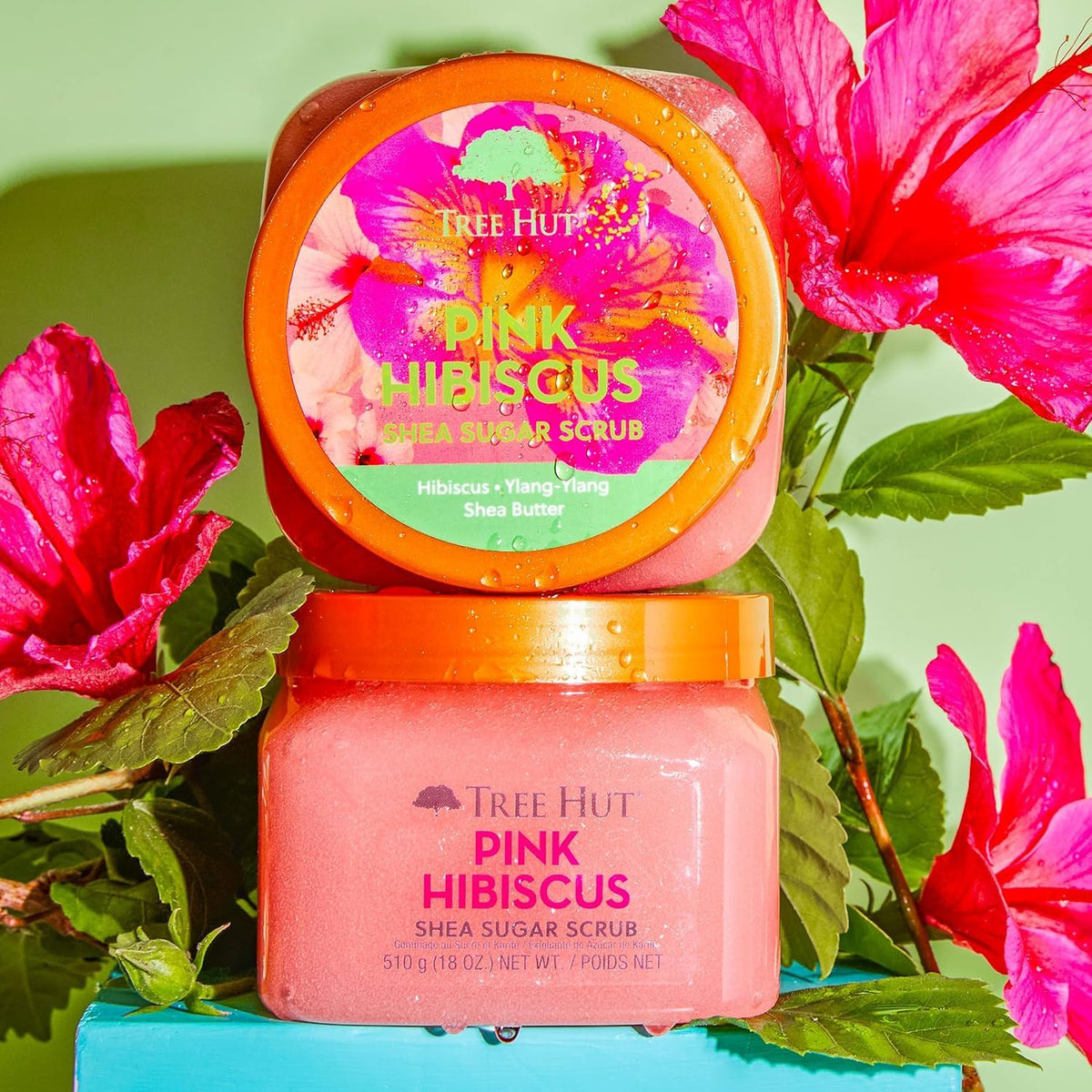 Tree Hut Pink Hibiscus Body Scrub in a bathroom setting