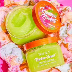 Tree Hut Shea Sugar Scrub Rainbow Sherbet in a shower setting