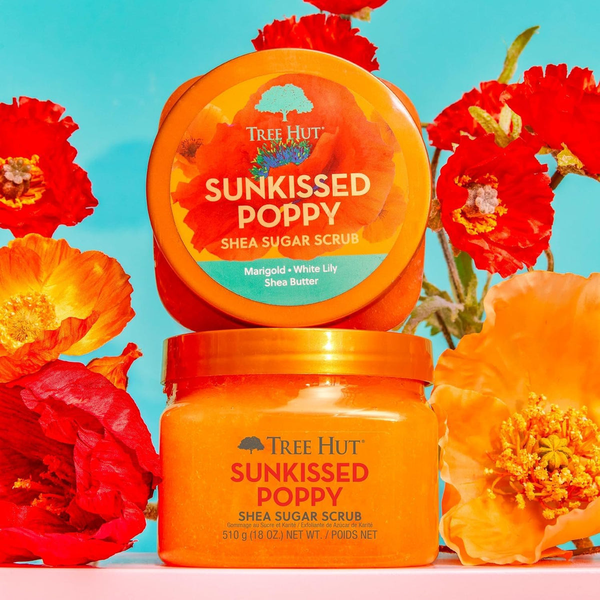 Tree Hut Shea Sugar Scrub Sunkissed Poppy 18 oz application on skin