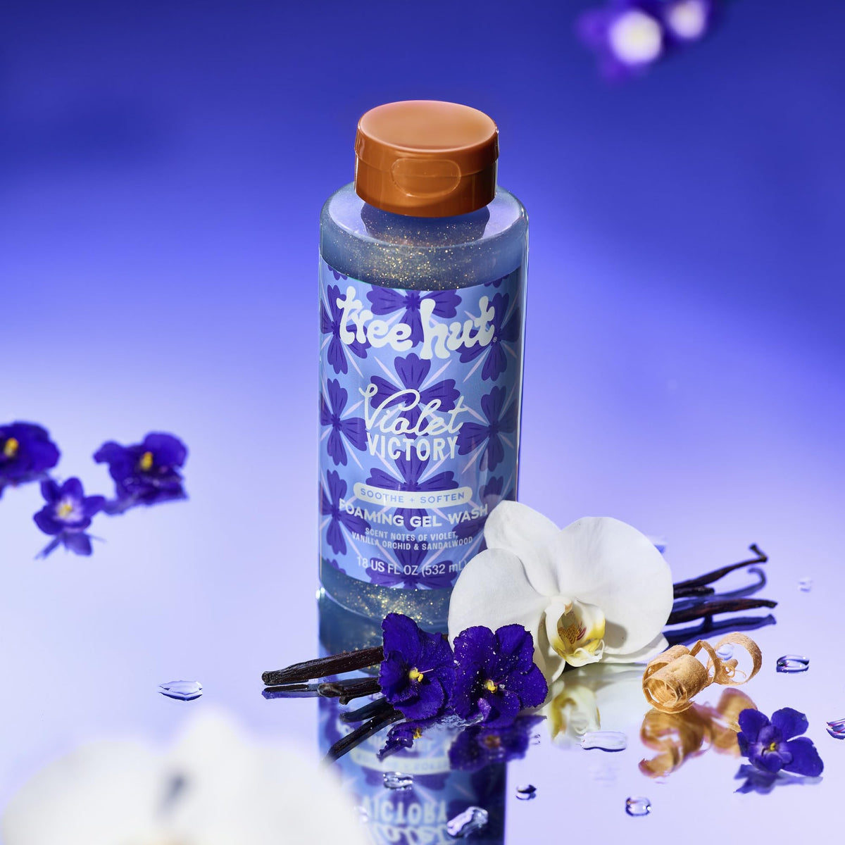 Tree Hut Violet Victory Body Wash back view with ingredient list