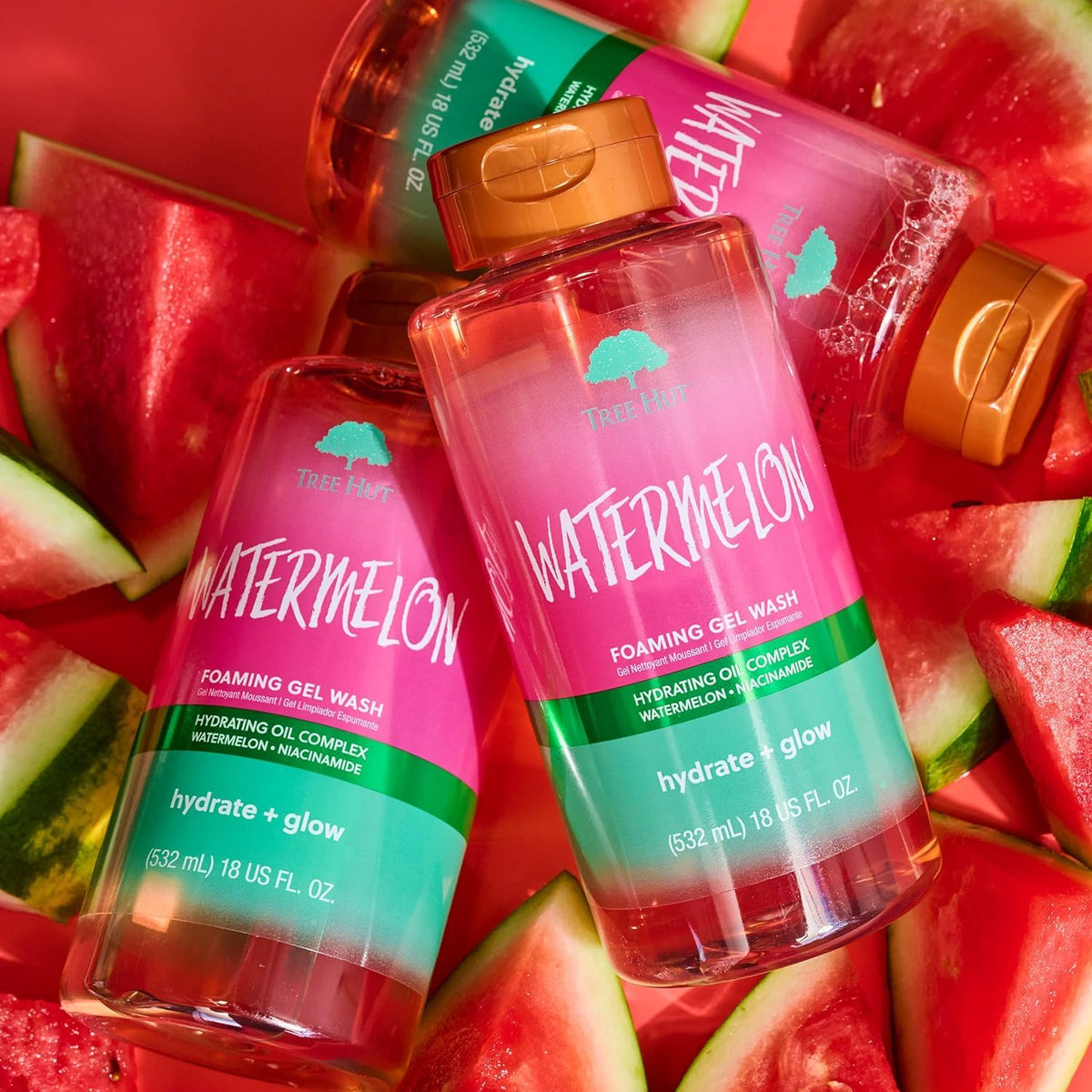 Tree Hut Watermelon Foaming Gel Wash in a bathroom setting