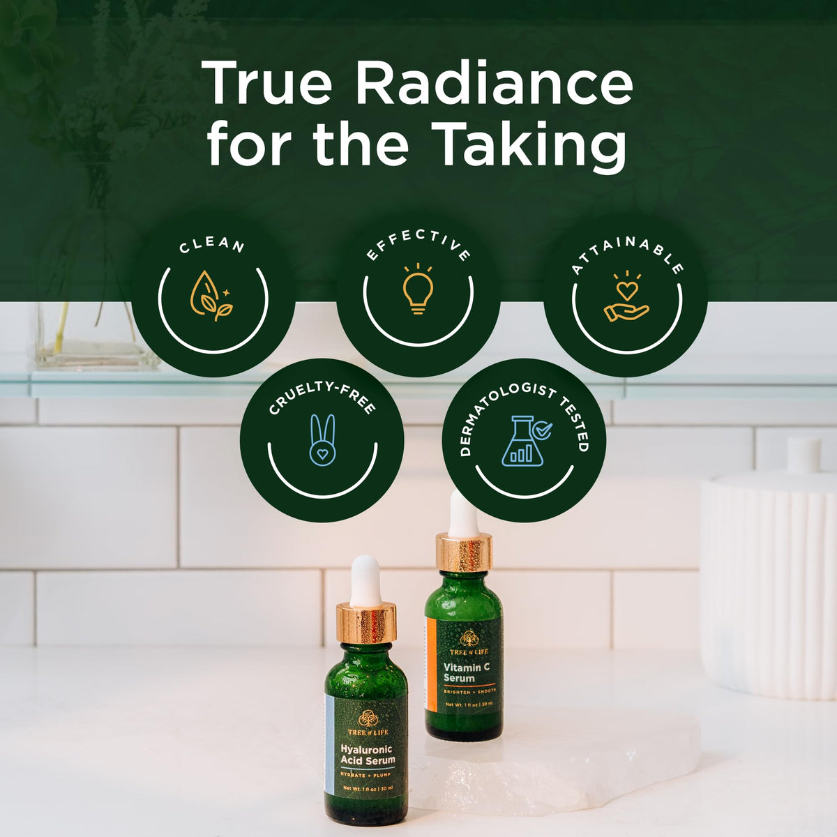 Tree of Life Face Serum Set on a bathroom counter