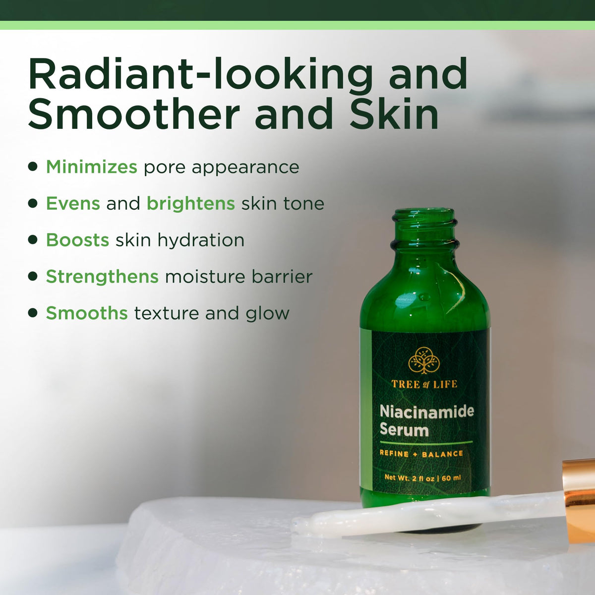 Tree of Life Face Serums displayed on a countertop