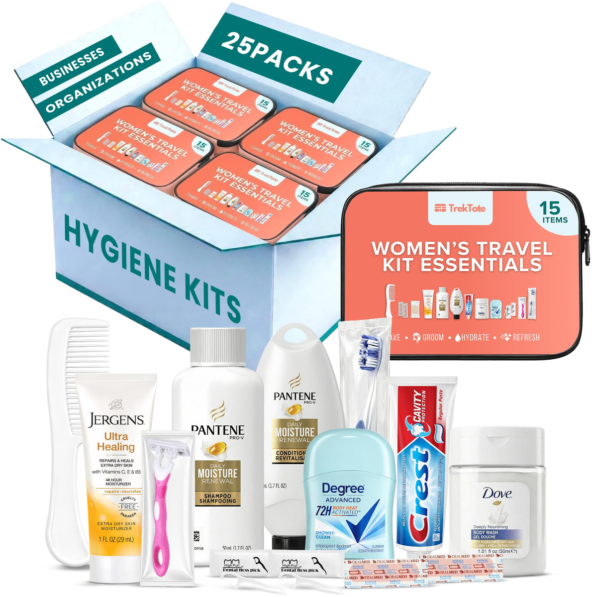 TREKTOTE 15-Piece Women’s Bulk Hygiene Kit front view with clear bag