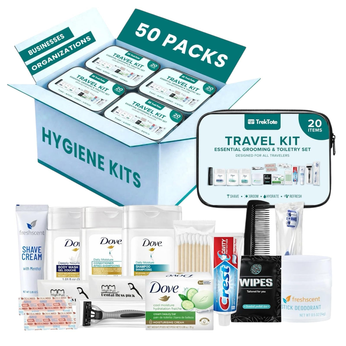 TREKTOTE 20-Piece Hygiene Kit with travel-size toiletries