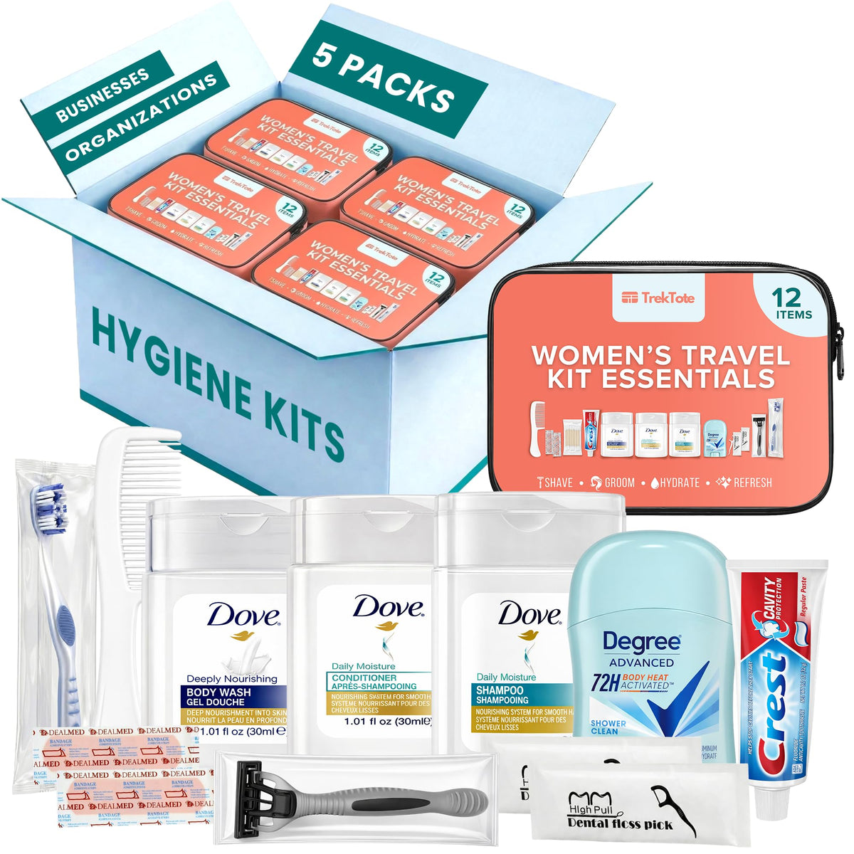 TREKTOTE 5 Pack Women’s Travel Hygiene Kits front view