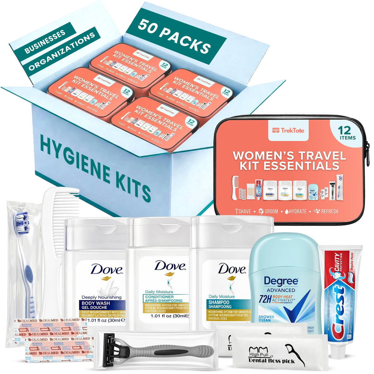 TREKTOTE Women’s 12 Piece Travel Hygiene Kit with cosmetic bag front view