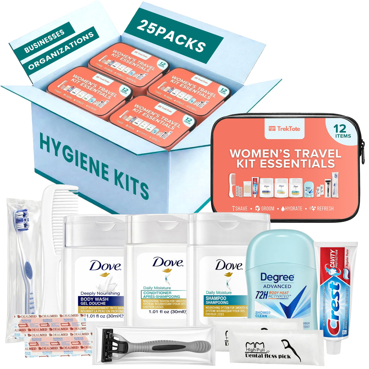 TREKTOTE Women's Bulk Hygiene Kit front view with clear bag