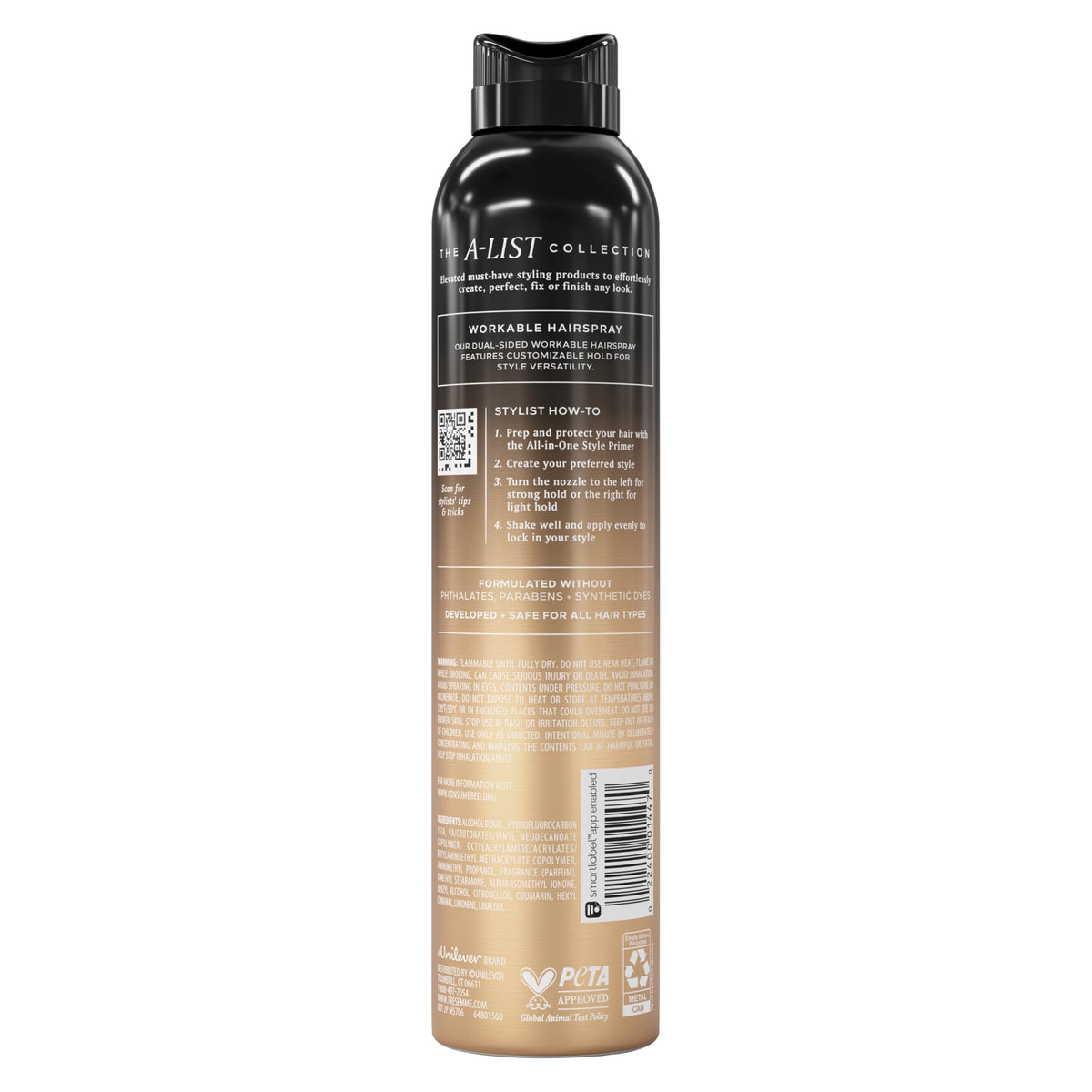 TRESemmé A-List Hairspray bottle with Golden Vanilla and Sandalwood fragrance