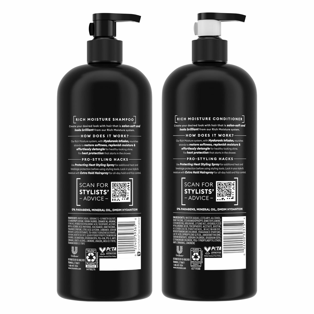 TRESemmé Rich Moisture Shampoo & Conditioner back view showing ingredients
