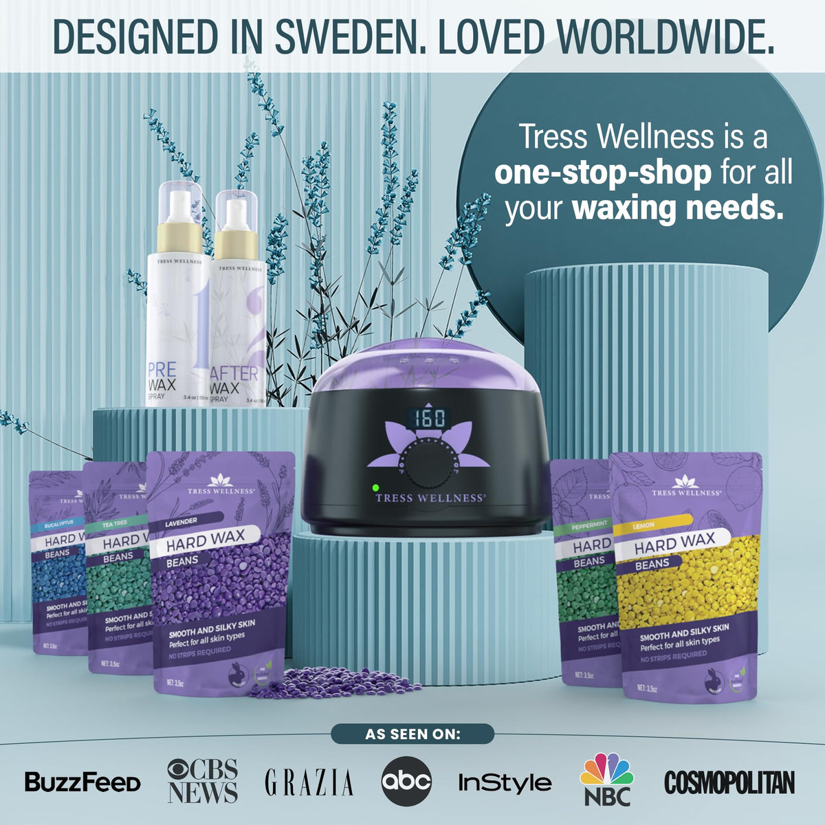 Tress Wellness Waxing Kit complete setup on a countertop