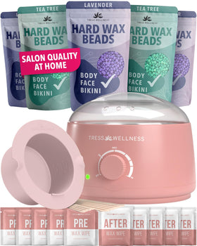 Tress Wellness Waxing Kit for Sensitive Skin front view with wax warmer and accessories