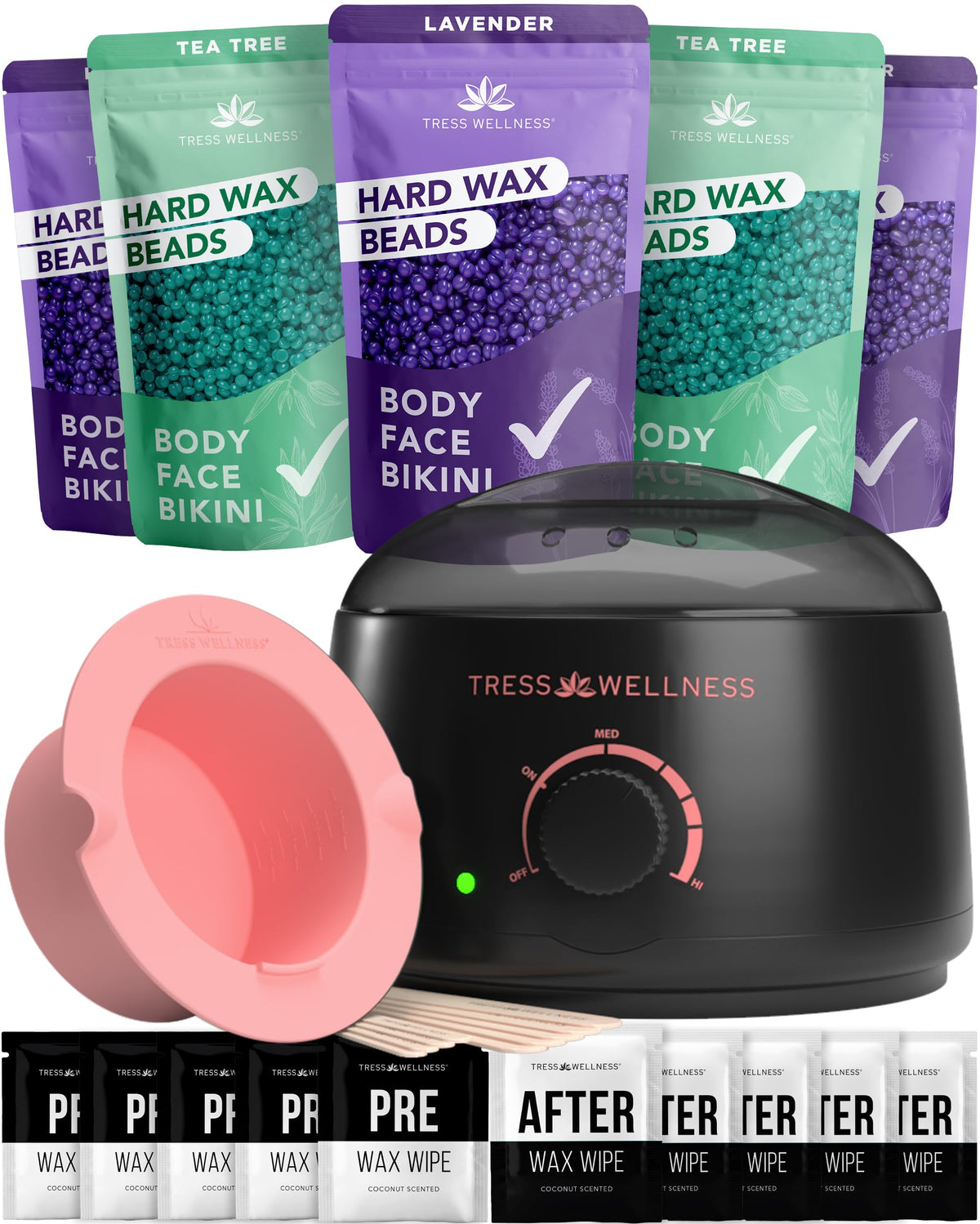 Tress Wellness Waxing Kit front view with wax warmer and accessories