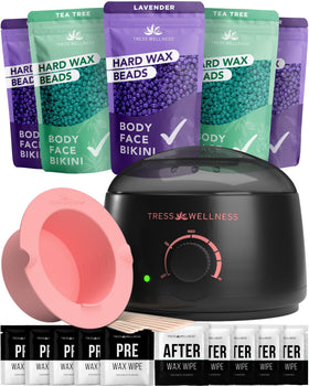 Tress Wellness Waxing Kit front view with wax warmer and accessories