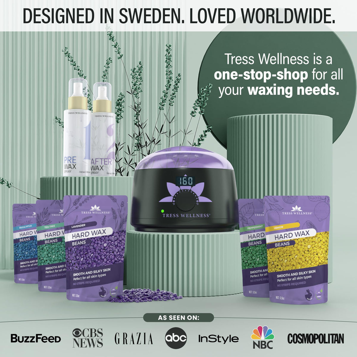 Tress Wellness Waxing Kit packaging with all components displayed
