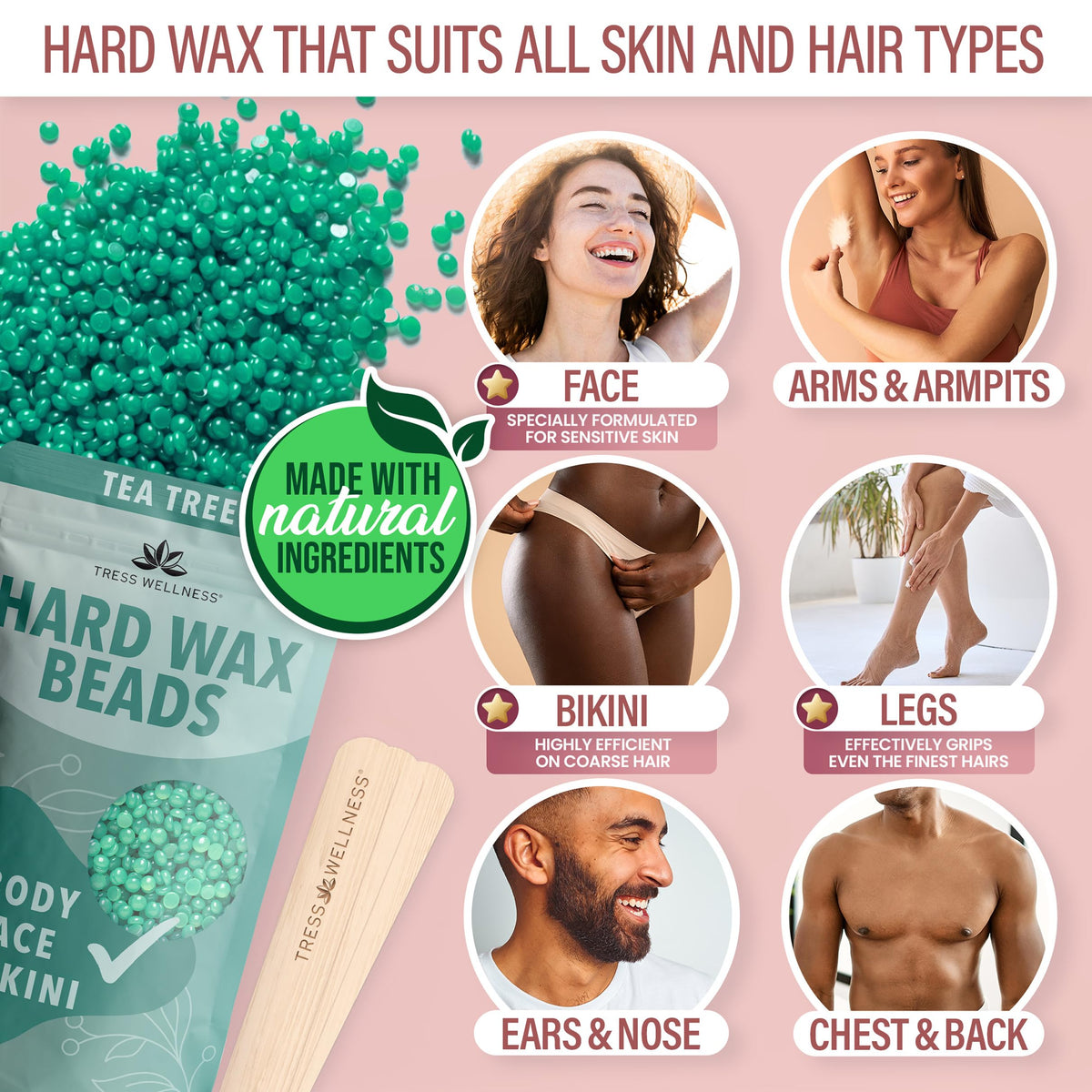 Tress Wellness Waxing Kit packaging with all components laid out