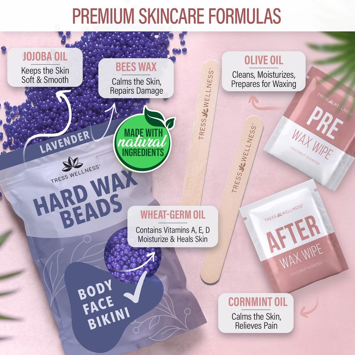 Tress Wellness Waxing Kit showing pre-wax and after-wax wipes