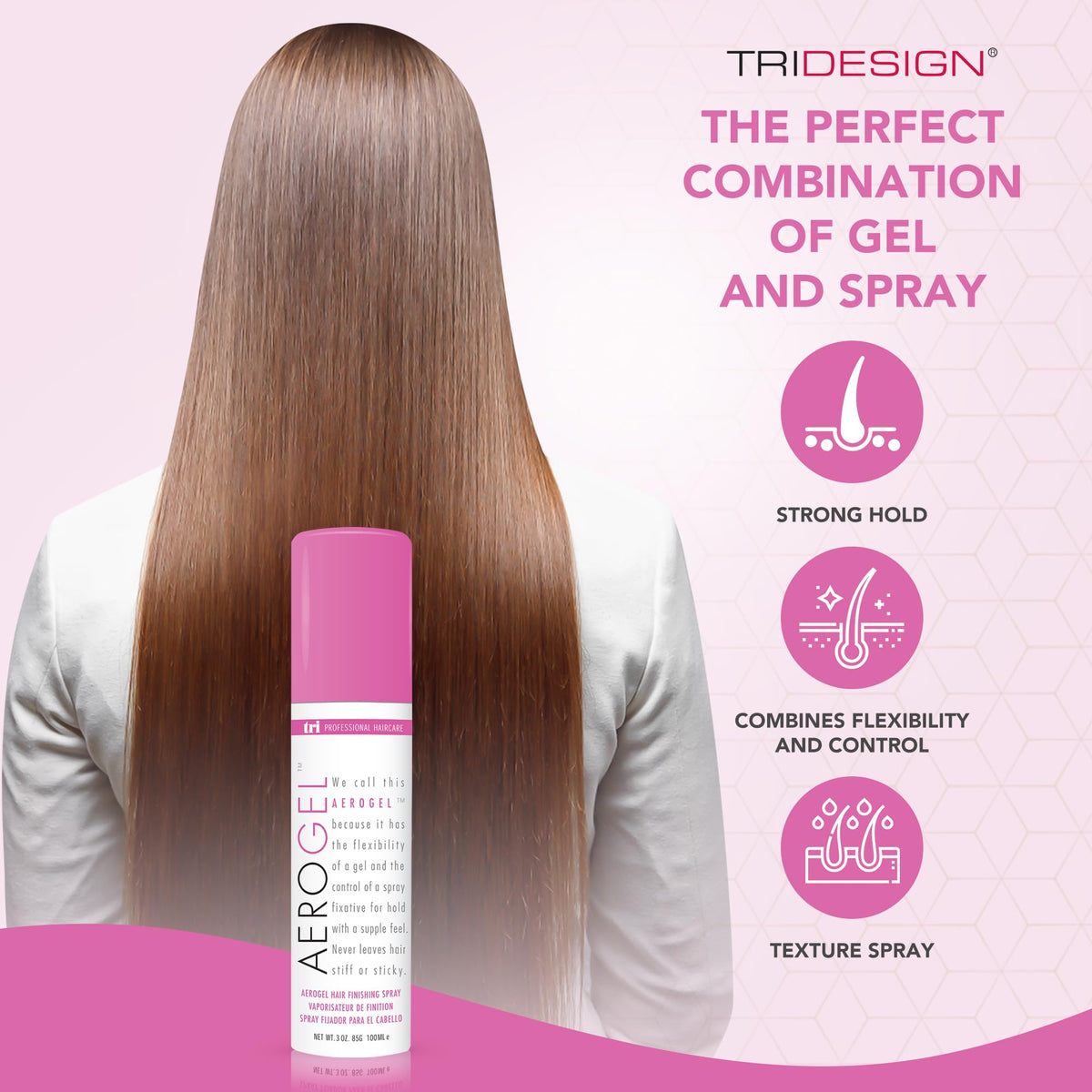 TRIDESIGN Aerogel Hair Spray on vanity with hair tools