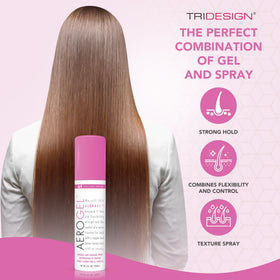 TRIDESIGN Aerogel Hair Spray on vanity with hair tools