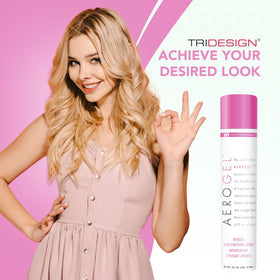 TRIDESIGN Aerogel Hairspray bottle with curly hair in background