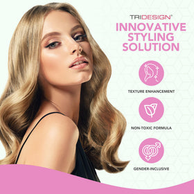 TRIDESIGN Aerogel Hairspray on a vanity with hair styling tools