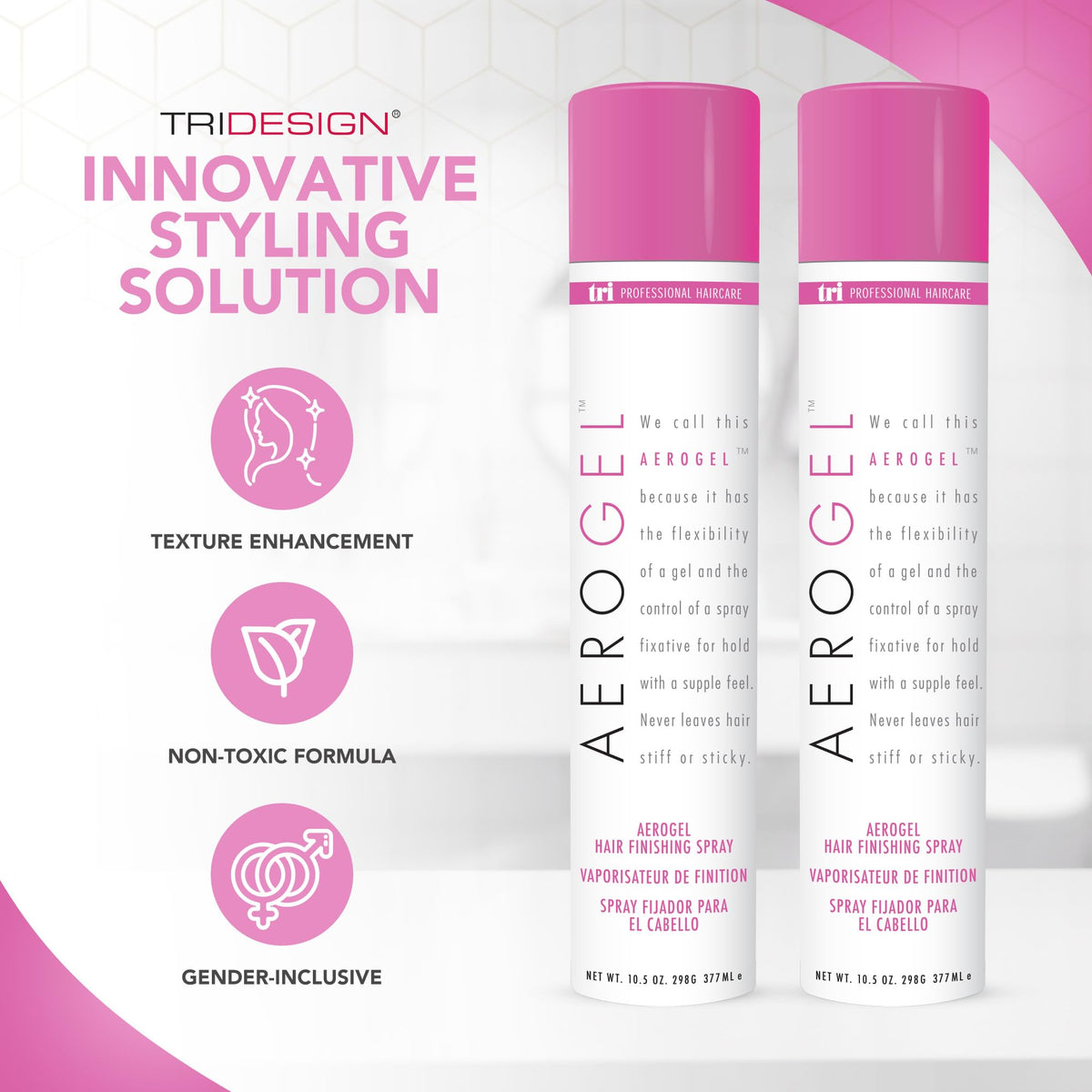 TRIDESIGN Aerogel Strong Hold Volumizing Hair Spray back view, 10.5 oz