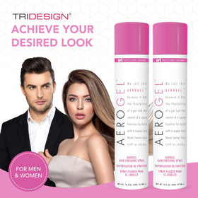 TRIDESIGN Aerogel Strong Hold Volumizing Hair Spray in use on styled hair
