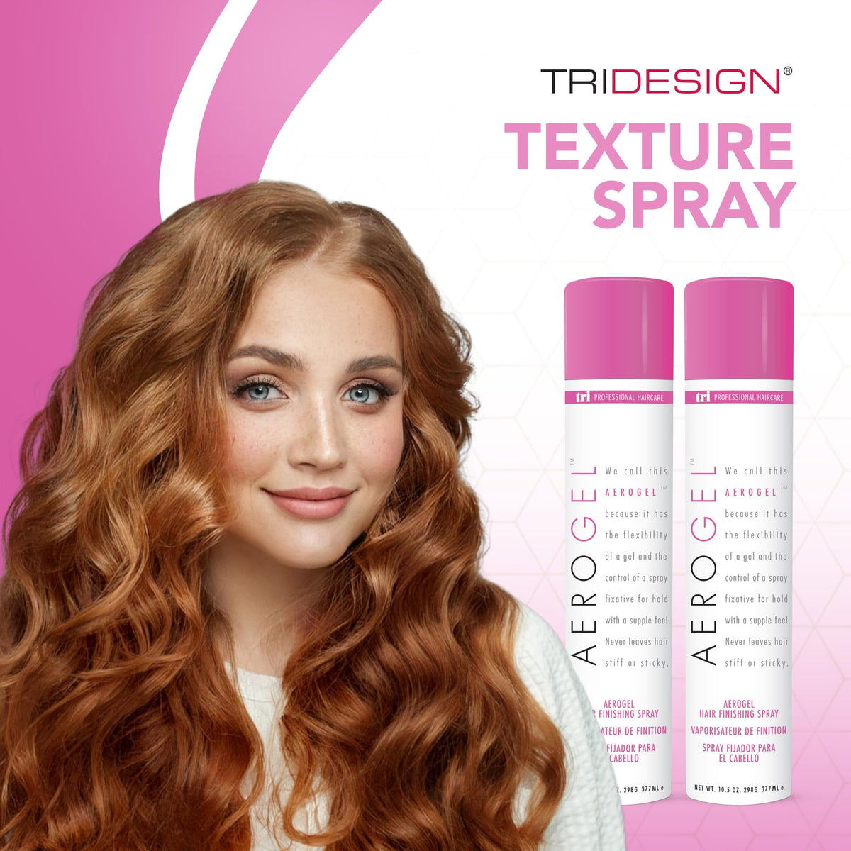 TRIDESIGN Aerogel Strong Hold Volumizing Hair Spray lifestyle scene with model