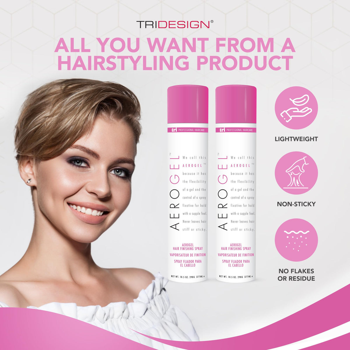 TRIDESIGN Aerogel Strong Hold Volumizing Hair Spray side view, 10.5 oz
