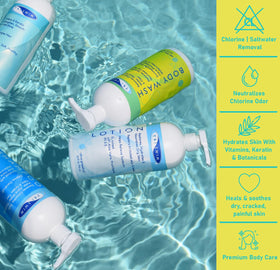 TRISWIM Chlorine Removal Body Wash 32oz side view with zen lime and mango scent
