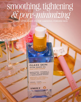 Truly Glass Skin After Shave Oil on a bathroom counter
