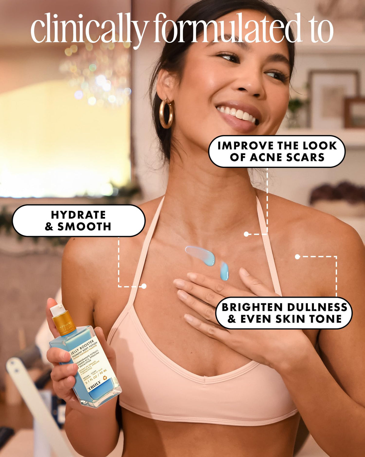 Truly Jelly support Pigment Body Potion in lifestyle setting on bathroom counter