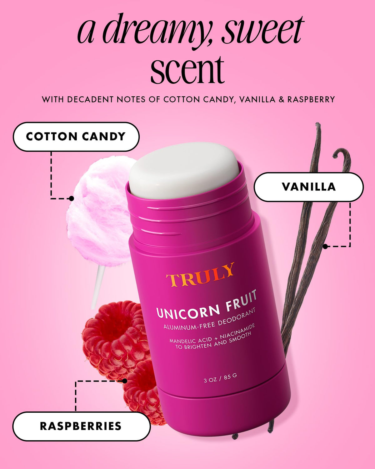Truly Unicorn Fruit Skin Brightening Deodorant side view showing stick