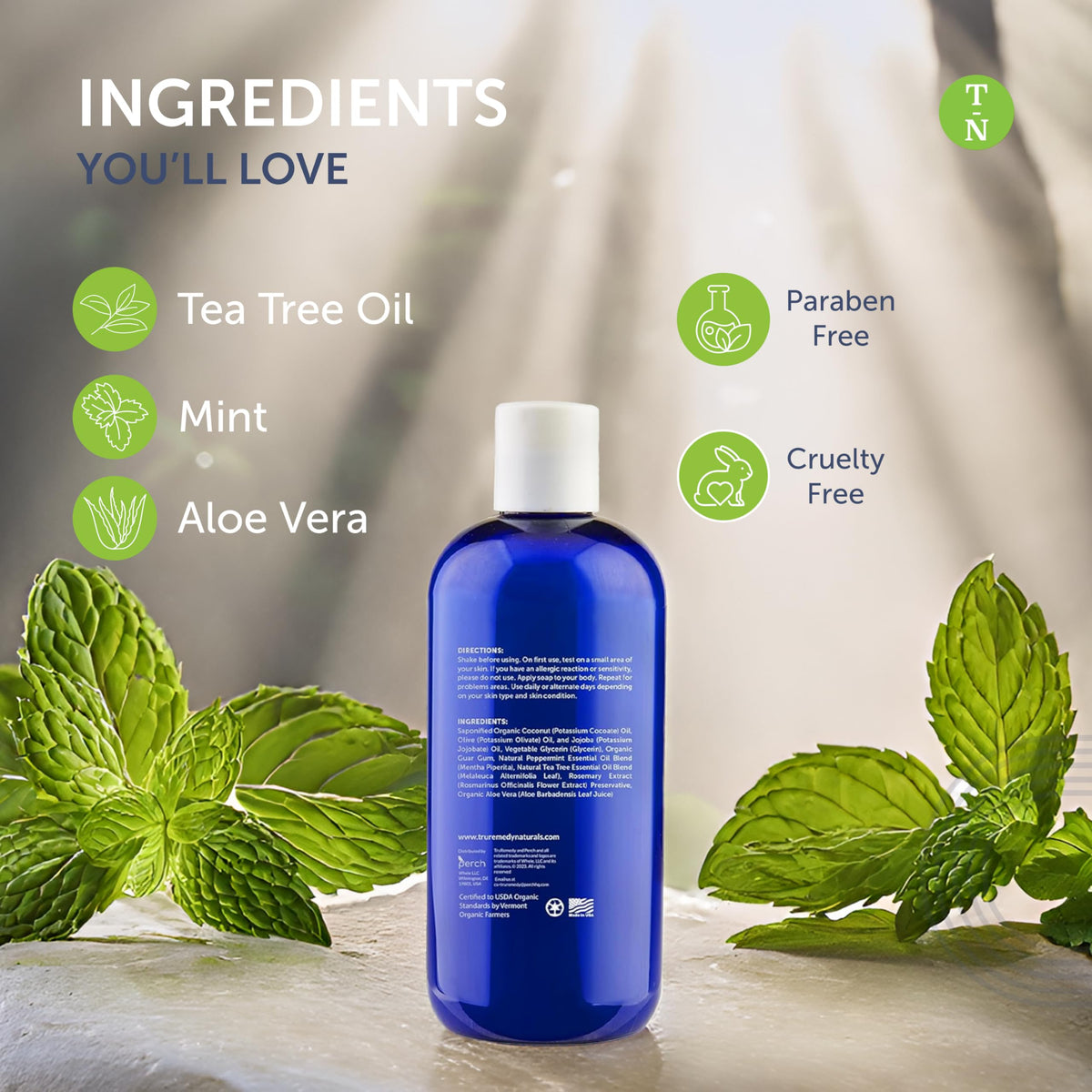 Truremedy Naturals Body Wash Tea Tree & Peppermint in a shower setting