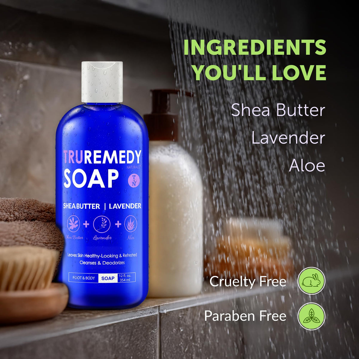 Truremedy Naturals Lavender Body Wash 12oz in a shower setting