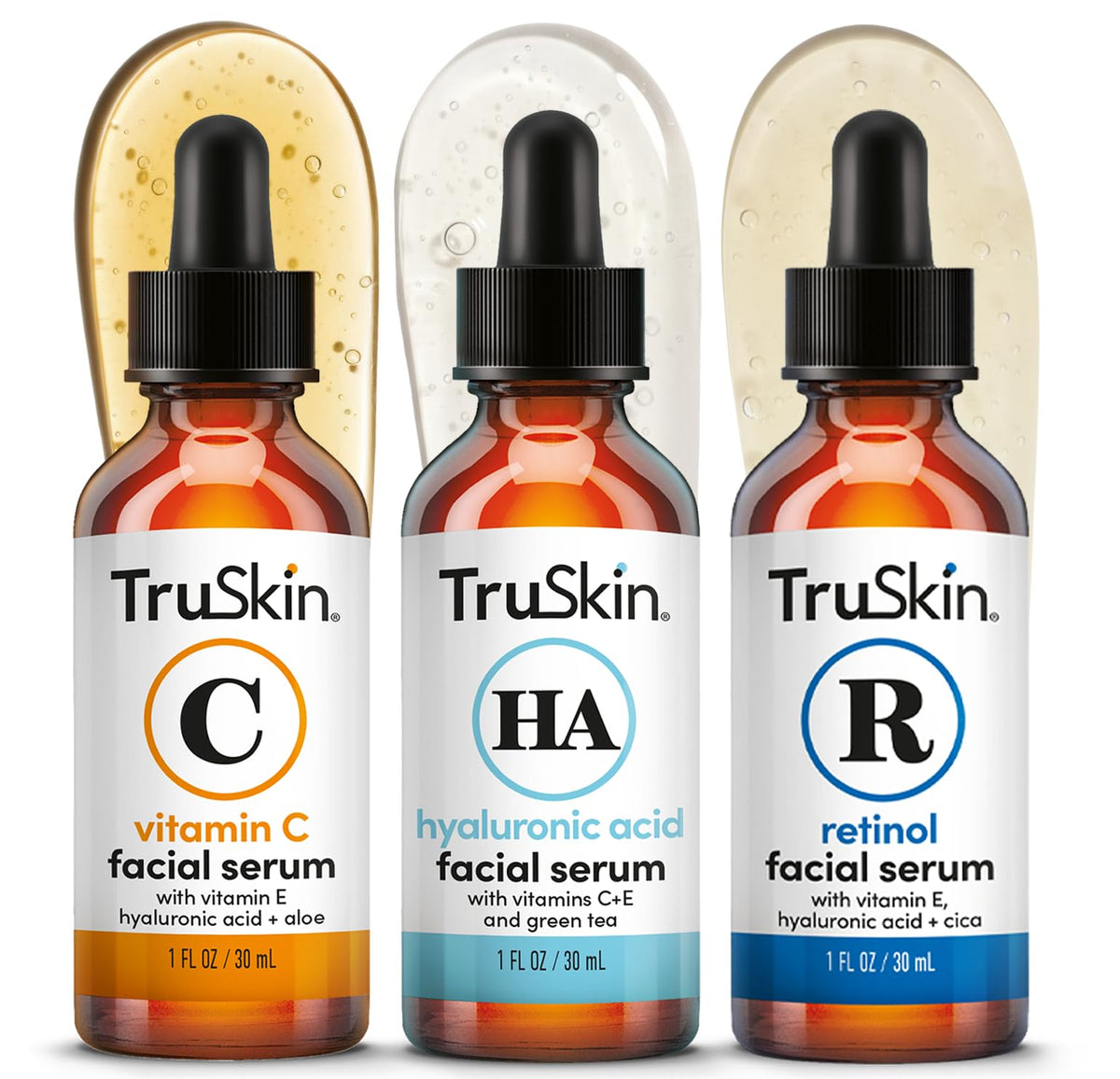TruSkin Serum Trio featuring Vitamin C, Retinol, and Hyaluronic Acid bottles
