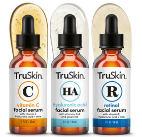 TruSkin Serum Trio featuring Vitamin C, Retinol, and Hyaluronic Acid bottles