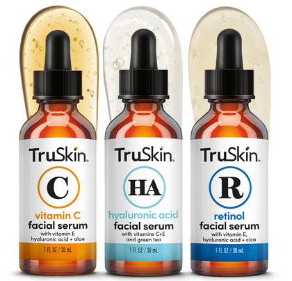 TruSkin Serum Trio featuring Vitamin C, Retinol, and Hyaluronic Acid bottles