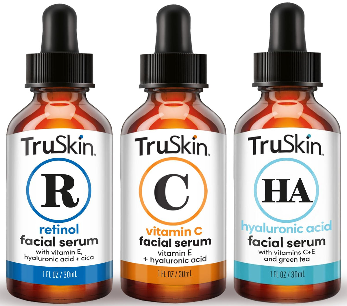 TruSkin Serum Trio packaging with ingredient highlights