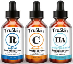 TruSkin Serum Trio packaging with ingredient highlights