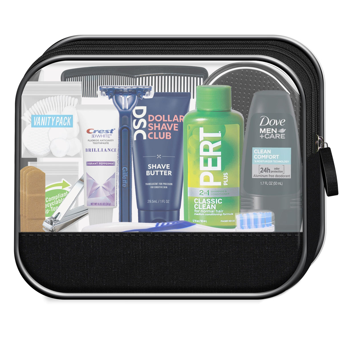 TSA-compliant travel size toiletries included in the kit